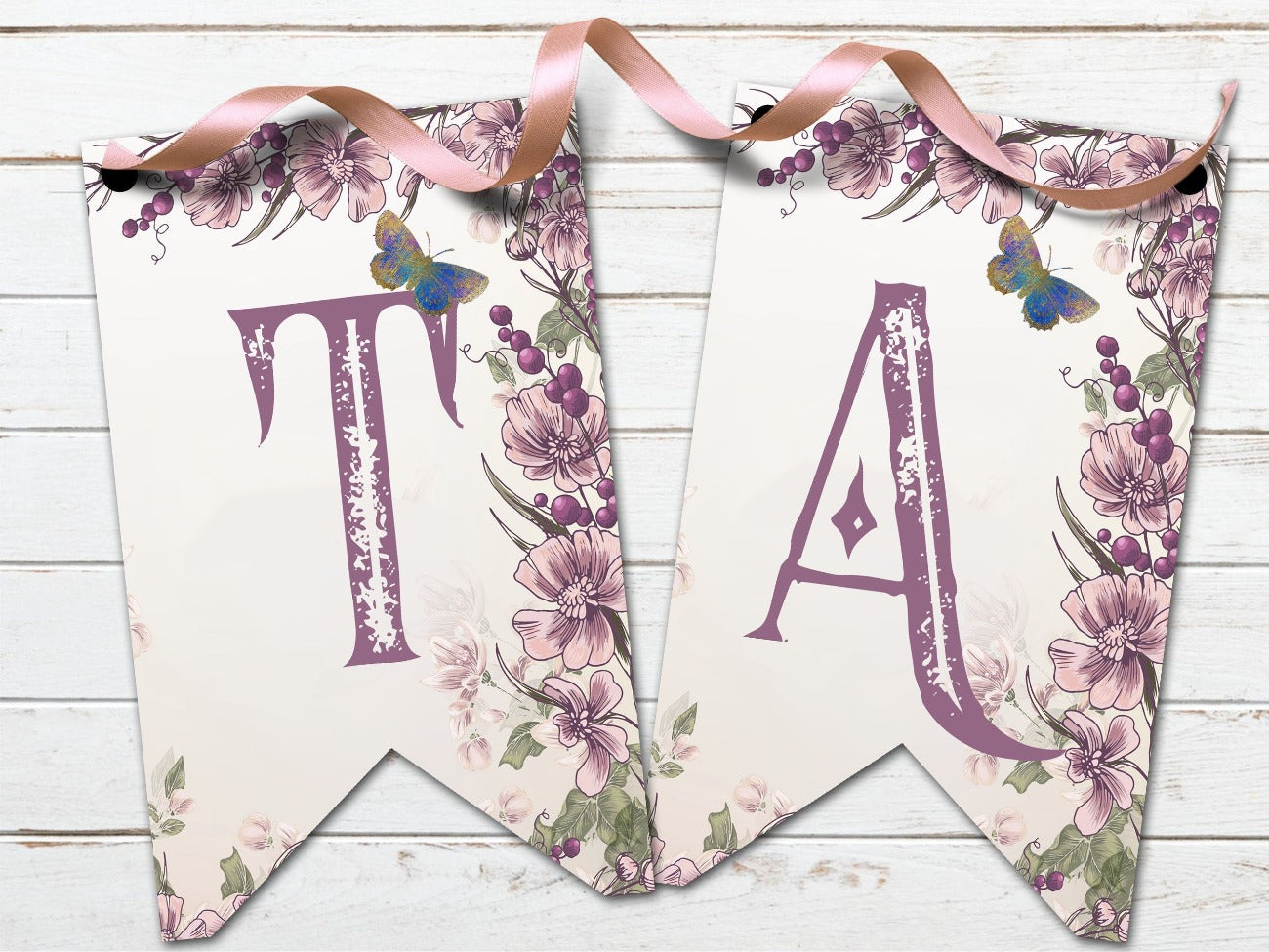 OSTARA BANNER, Printable Bunting, Ostara Sabbat Flags whimsical mauve letters T and A on a creamy pink background with a mauve and pink floral design - Morgana Magick Spell