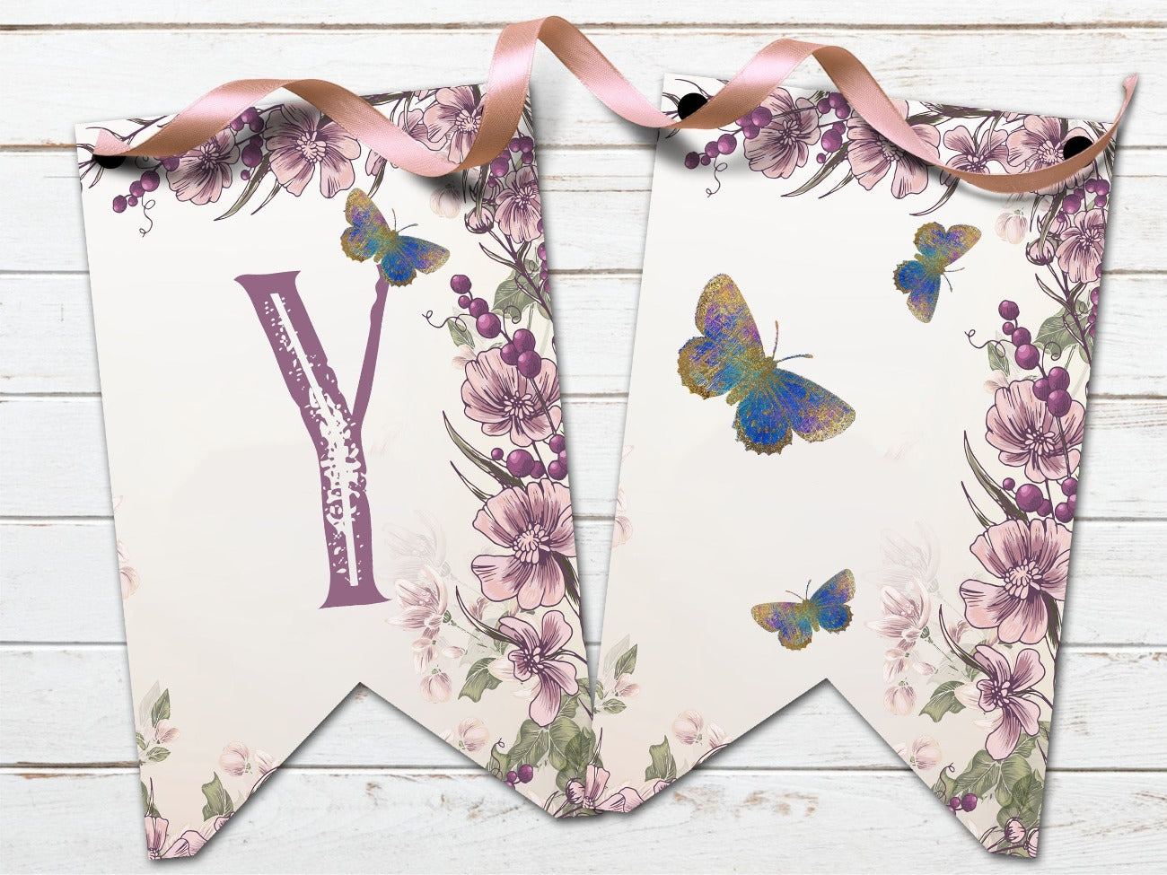 OSTARA BANNER, Printable Bunting, Ostara Sabbat Flags whimsical mauve letter Y and a spacer flag on a creamy pink background with a mauve and pink floral design - Morgana Magick Spell