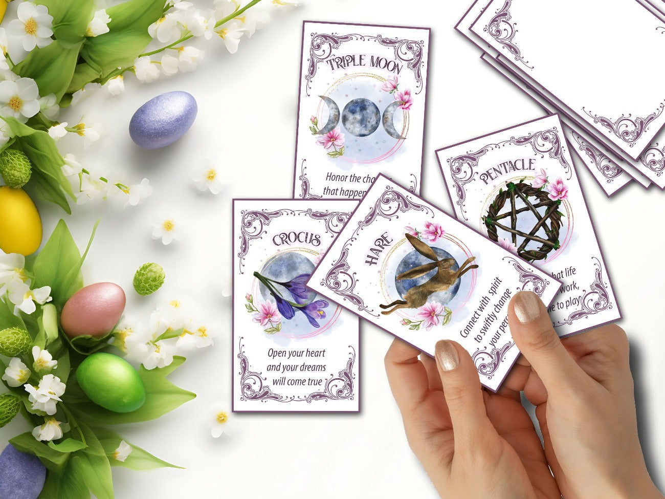 OSTARA ORACLE CARDS, Printable Tarot Messages, Triple Moon, Pentacle, Hare and Crocus placed in a reading spread - Morgana Magick Spell