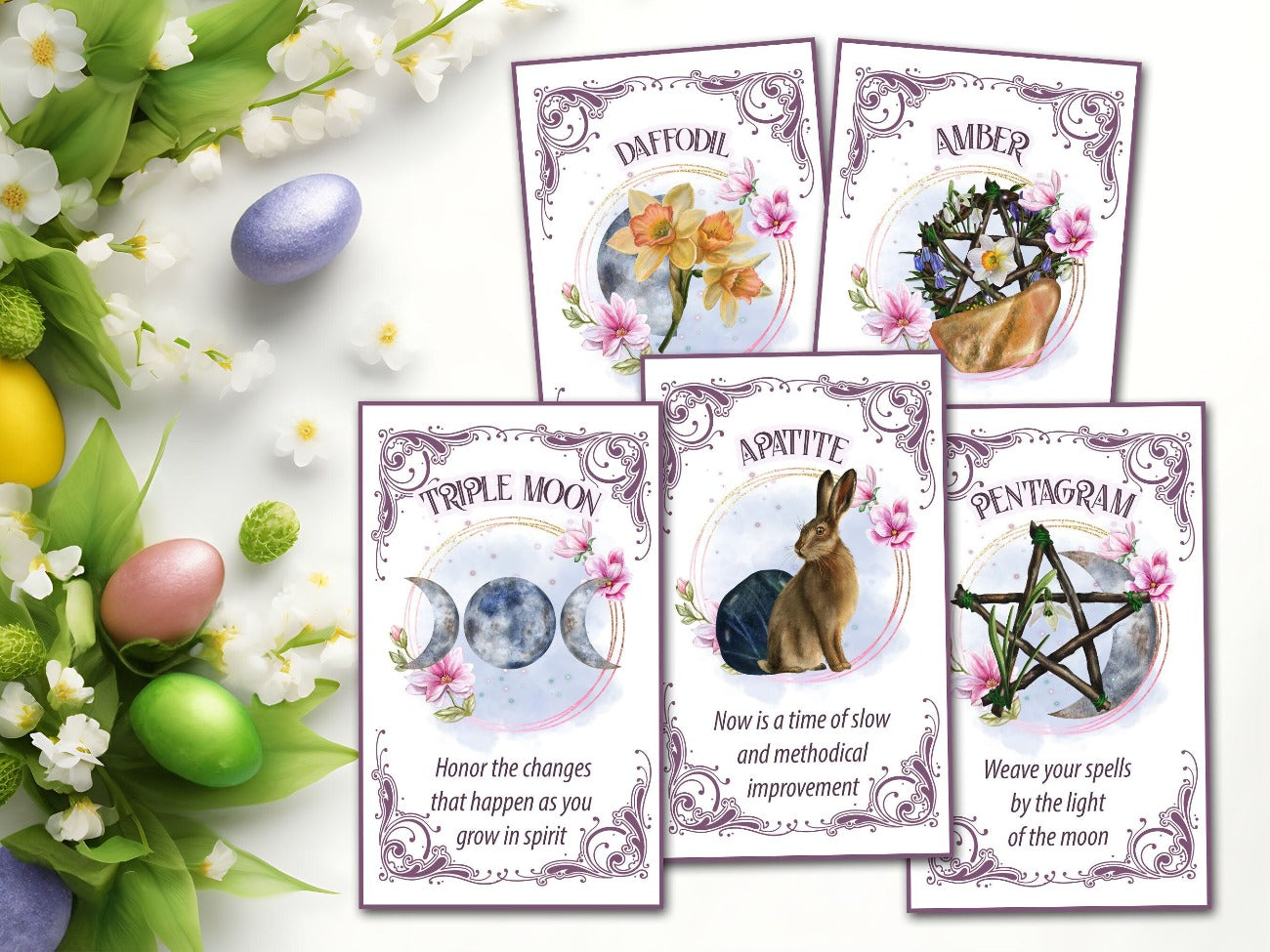 OSTARA ORACLE CARDS, Printable Tarot Messages, Daffodil, Amber, Triple Moon, Apatite, and Pentagram cards - Morgana Magick Spell