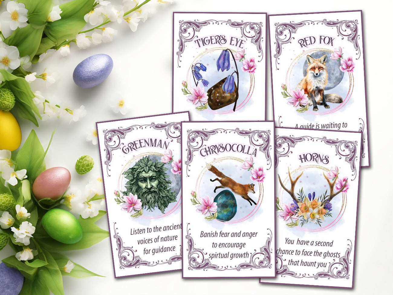 OSTARA ORACLE CARDS, Printable Tarot Messages, Tigers Eye, Red Fox, Greenman, Chrysocolla, and Horns Cards - Morgana Magick Spell