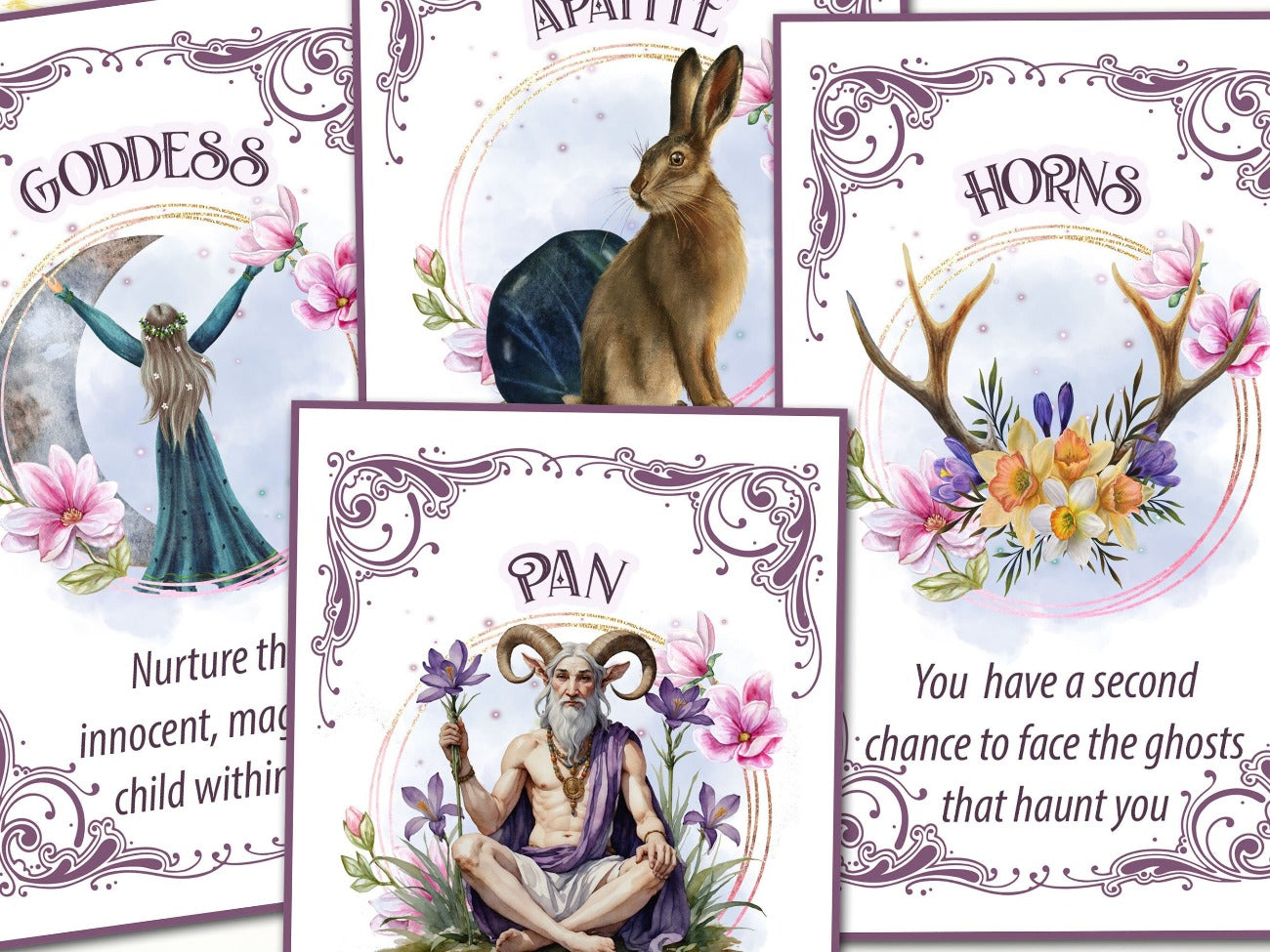 OSTARA ORACLE CARDS, Closeup view of cards with pale pink background, purple ornate scroll borders, golden circle with Ostara art and oracle text - Morgana Magick Spell