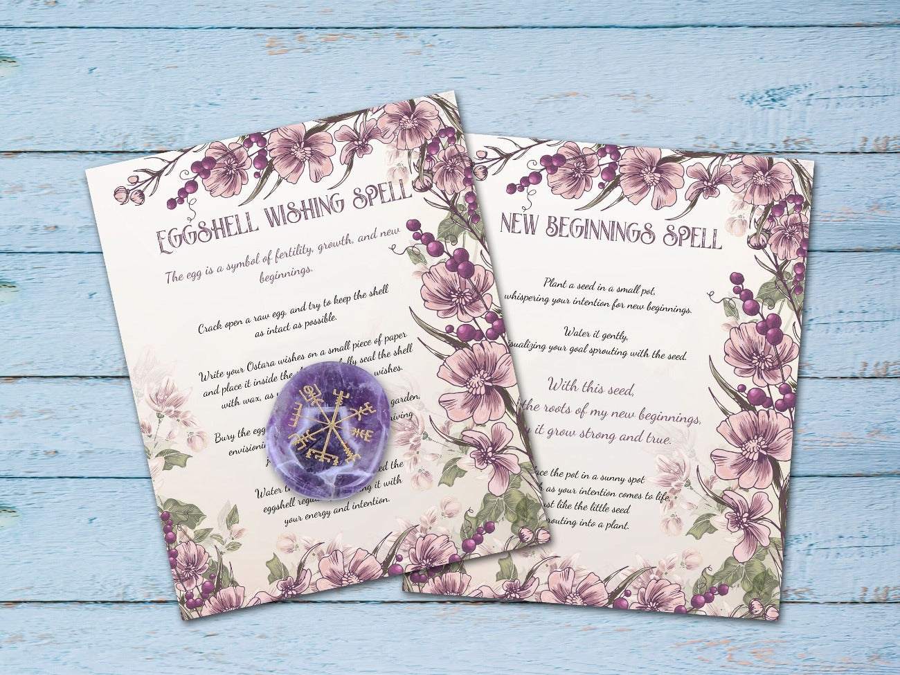 OSTARA SPELL CARDS, Eggshell Wishing Spell and New Beginnings Spell cards placed on a rustic blue wood background - Morgana Magick Spell