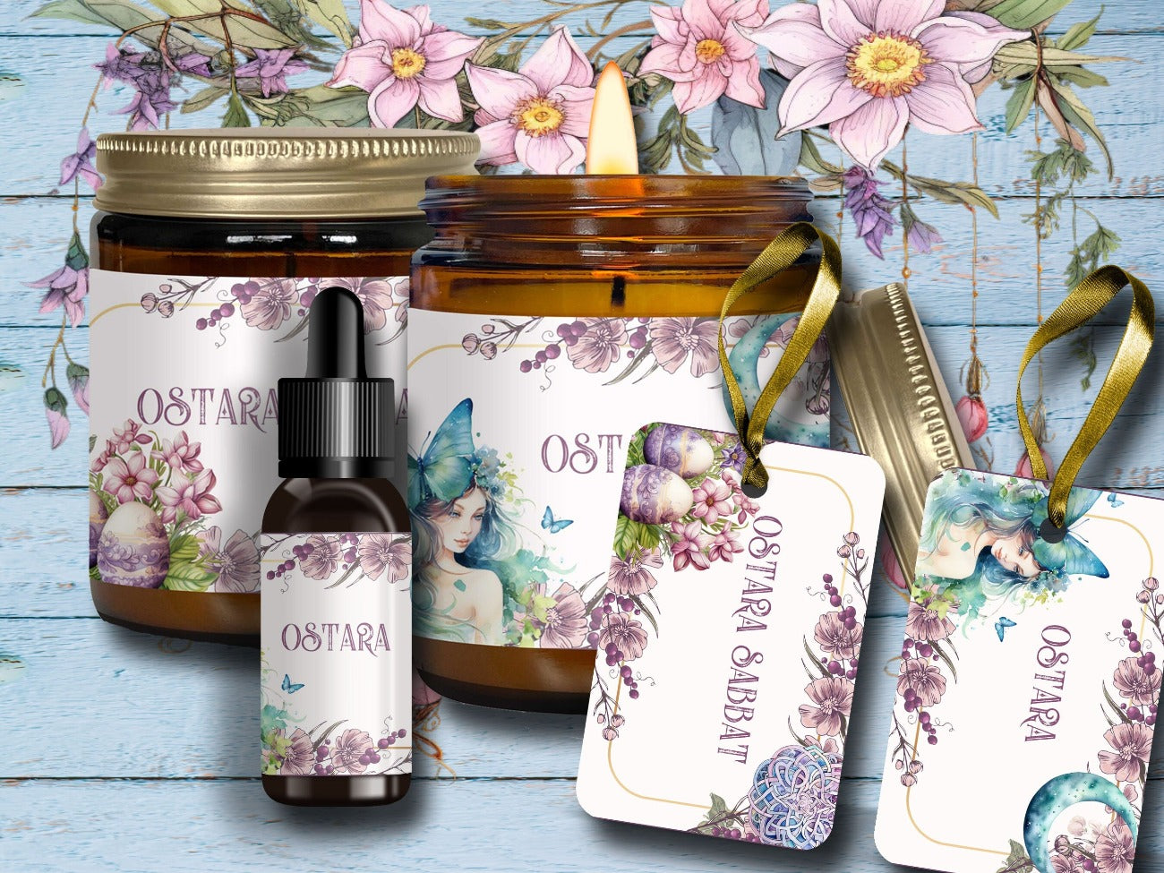 OSTARA LABELS, shown placed on jar candles, a small dropper bottle, and the finished labels printed out with gold ribbon hangers - Morgana Magick Spell