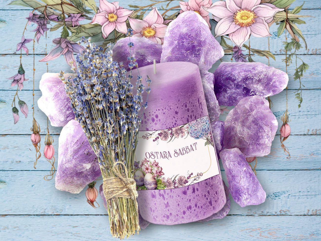 OSTARA LABELis shown applied to a large mauve candle set upon some deep purple crystals - Morgana Magick Spell