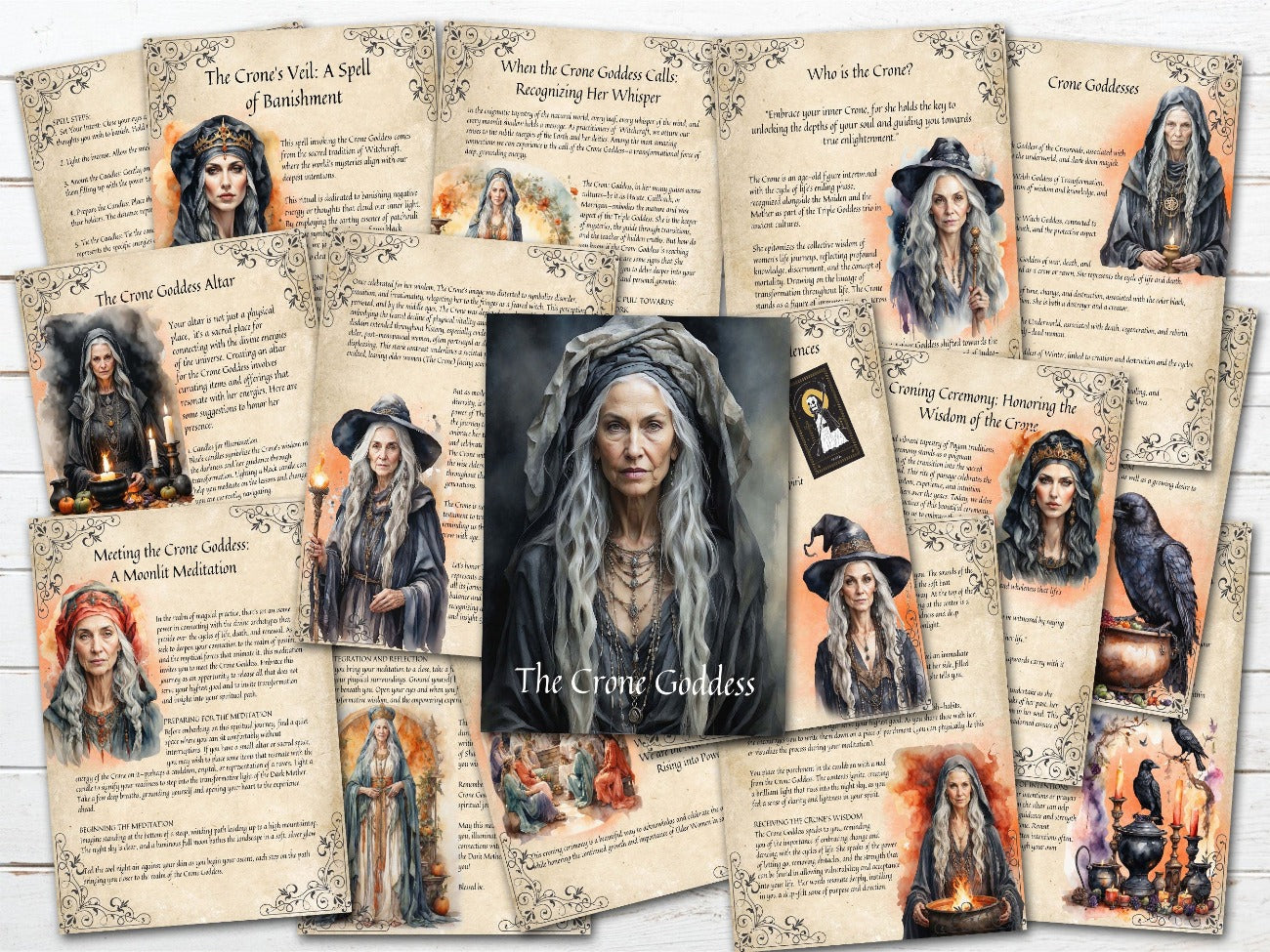 THE CRONE GODDESS, 16 Printable Pages, shown with the optional parchment background. Connect with the energy of the Dark Mother, pages include a Crone Ritual, Spell, Meditation and more! - Morgana Magick Spell