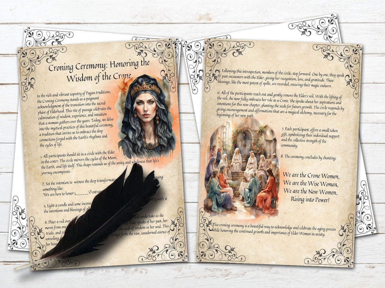 THE CRONE GODDESS, Croning Ceremony 2 printable pages shown with the optional parchment and white backgrounds - Morgana Magick Spell