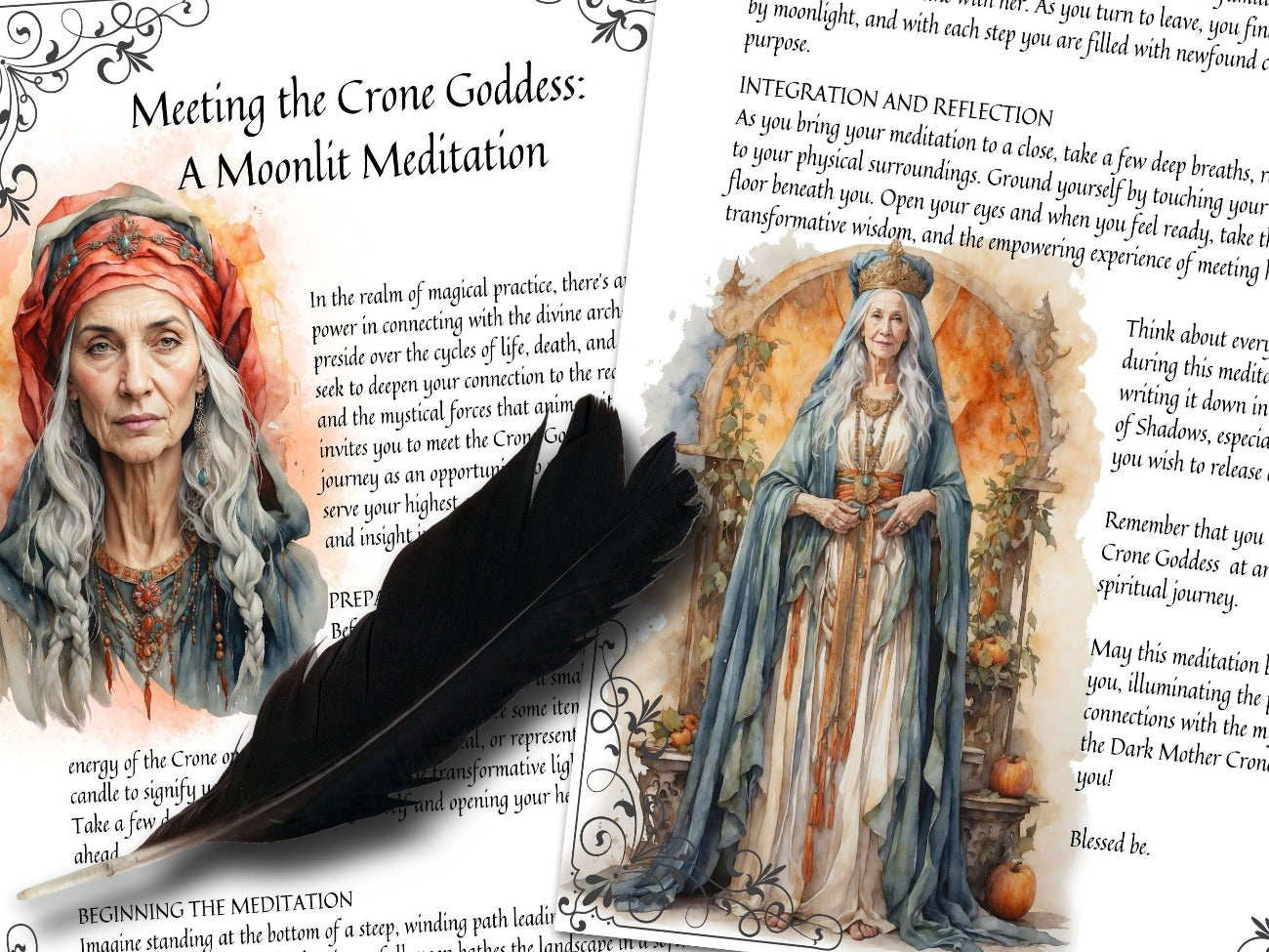 THE CRONE GODDESS, Close up view of the text and Crone images on a white background - Morgana Magick Spell