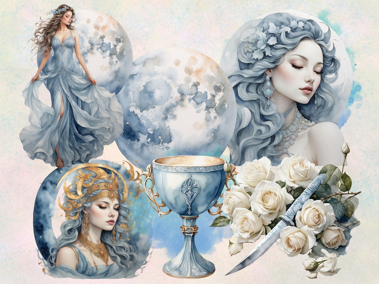 MOON GODDESS CLIPART, Commercial Use, Fantasy Wicca Graphics, Digital Moon Art, 23 png transparent files, Watercolor Divine Feminine Bundle - Morgana Magick Spell