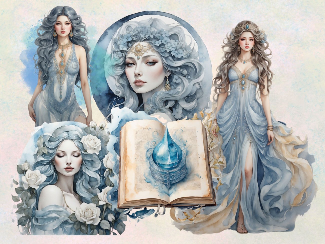 MOON GODDESS CLIPART, Commercial Use, Fantasy Wicca Graphics, Digital Moon Art, 23 png transparent files, Watercolor Divine Feminine Bundle - Morgana Magick Spell