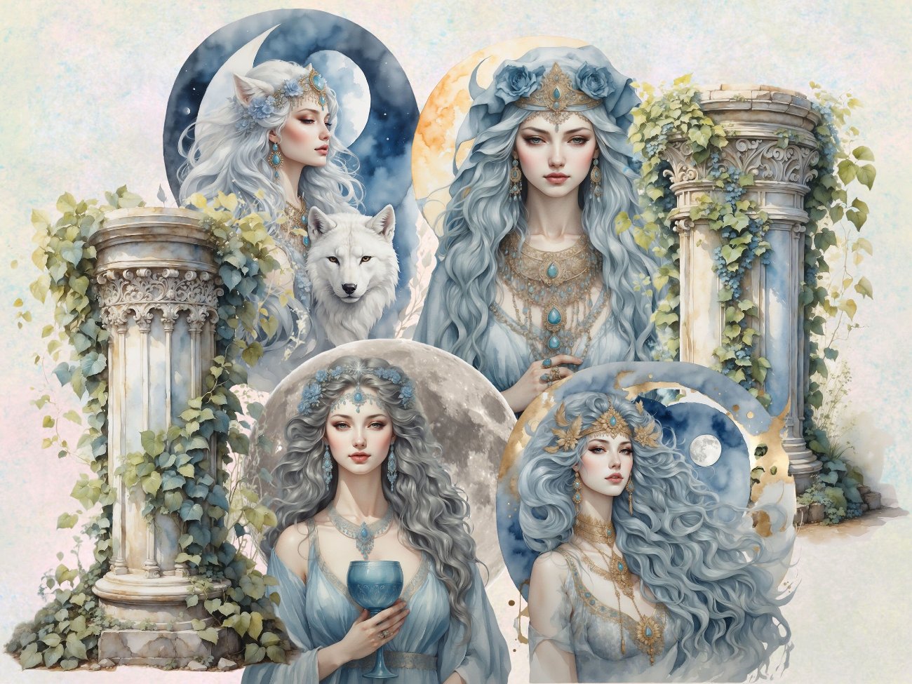 MOON GODDESS CLIPART, Commercial Use, Fantasy Wicca Graphics, Digital Moon Art, 23 png transparent files, Watercolor Divine Feminine Bundle - Morgana Magick Spell