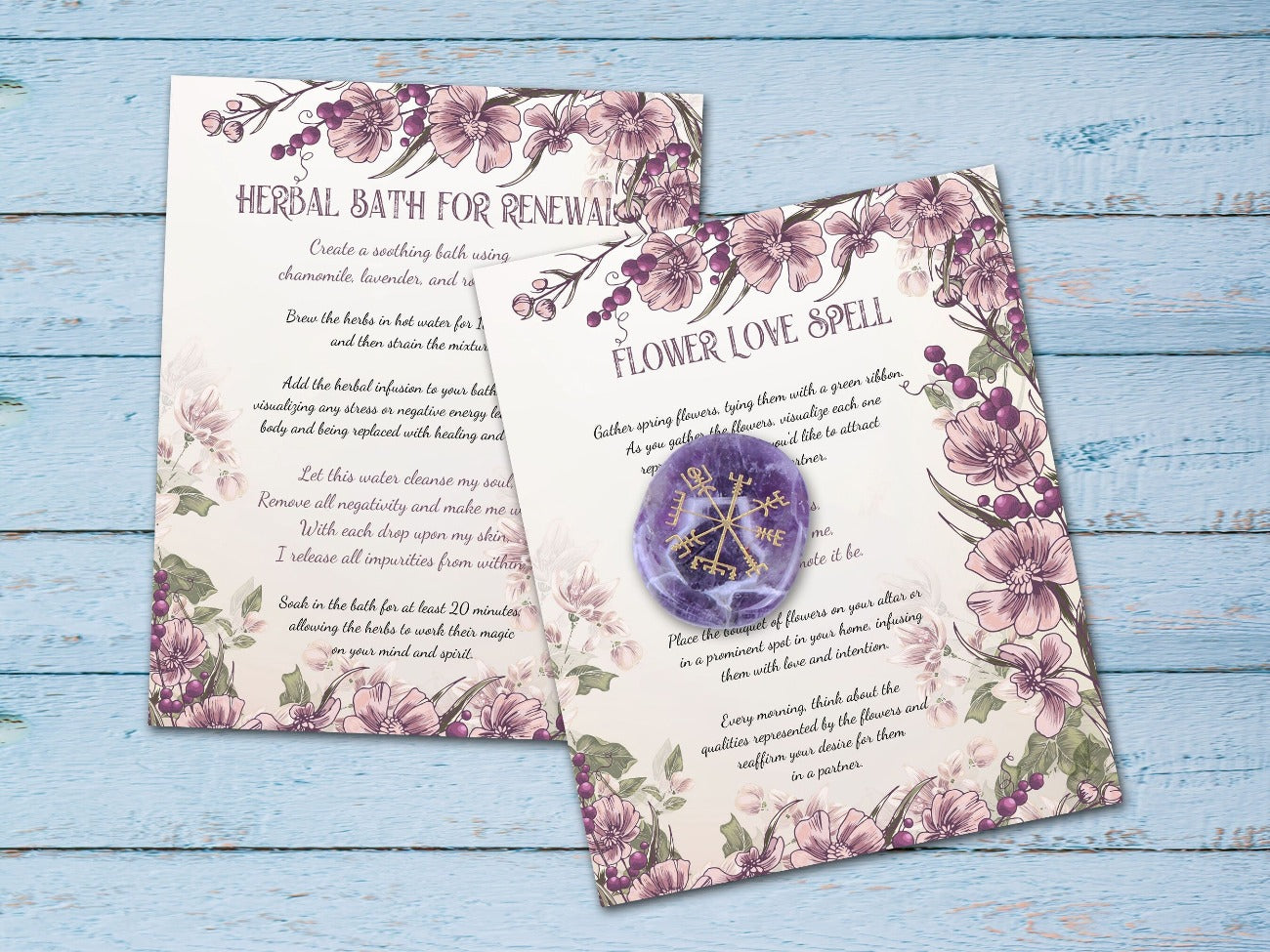 OSTARA SPELL CARDS, Herb Bath for Renewal and Flower Love Spell cards placed on a rustic blue wood background - Morgana Magick Spell