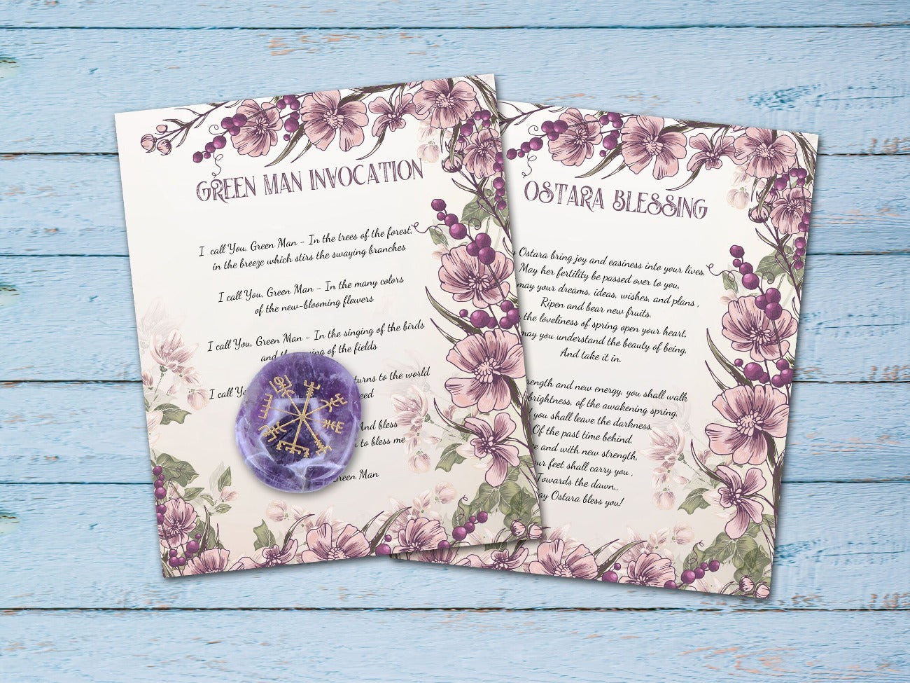 OSTARA SPELL CARDS, Green Man Invocation and Ostara Blessing cards placed on a rustic blue wood background - Morgana Magick Spell