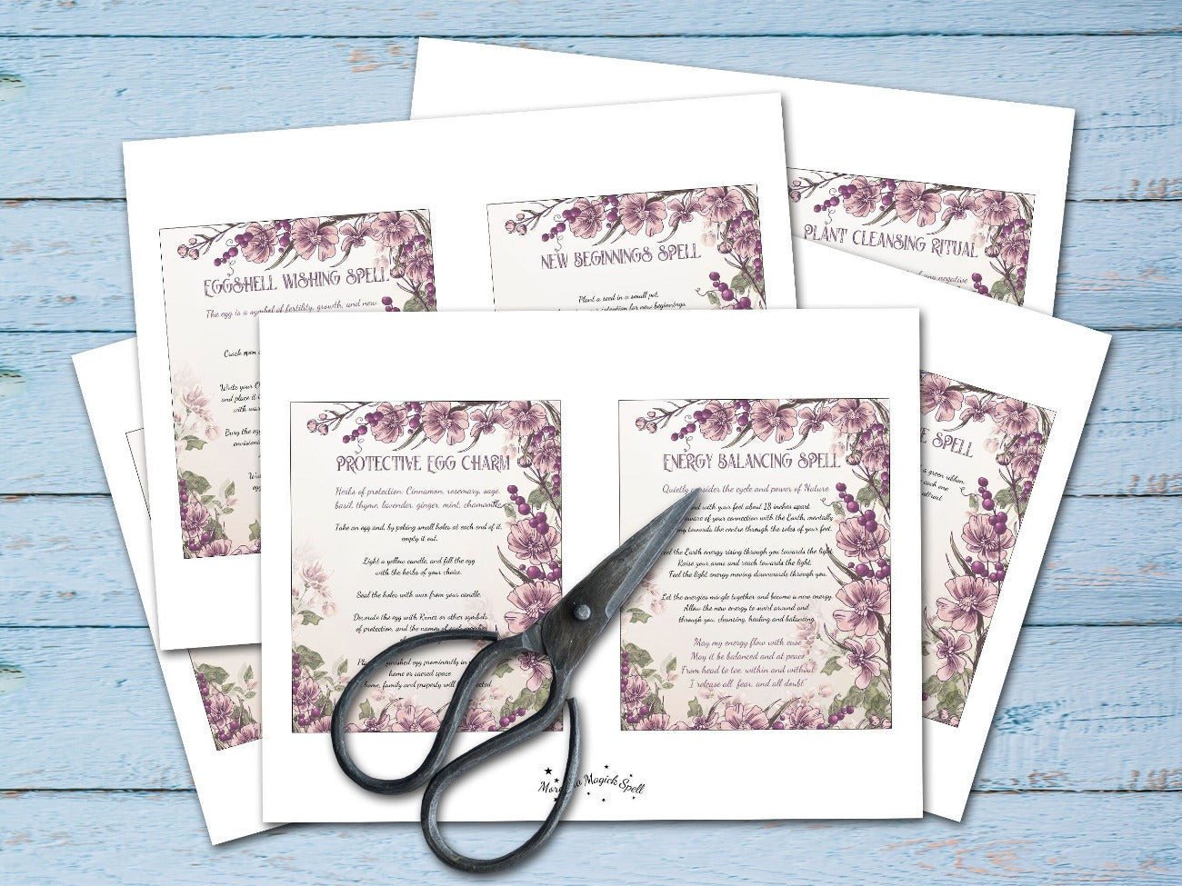 OSTARA SPELL CARDS shown on five printable sheets of paper with two cards per sheet - Morgana Magick Spell