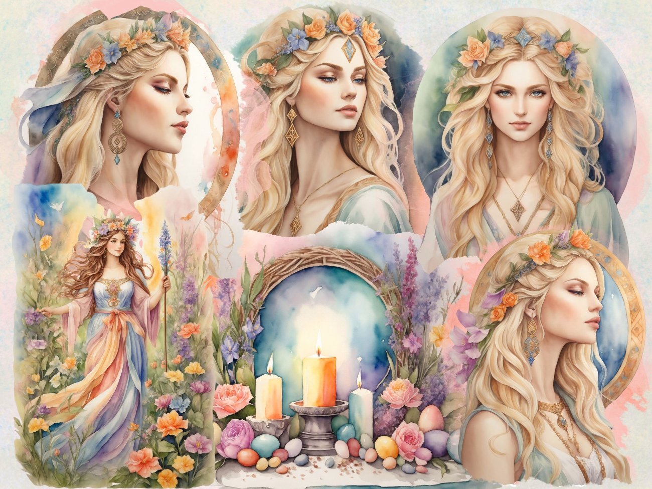 OSTARA GODDESS CLIPART, Fantasy Easter Spring Graphics, Equinox Sabbat Grimoire, Watercolor Art, Commercial Use, Goddess Gift, 27 pngs - Morgana Magick Spell