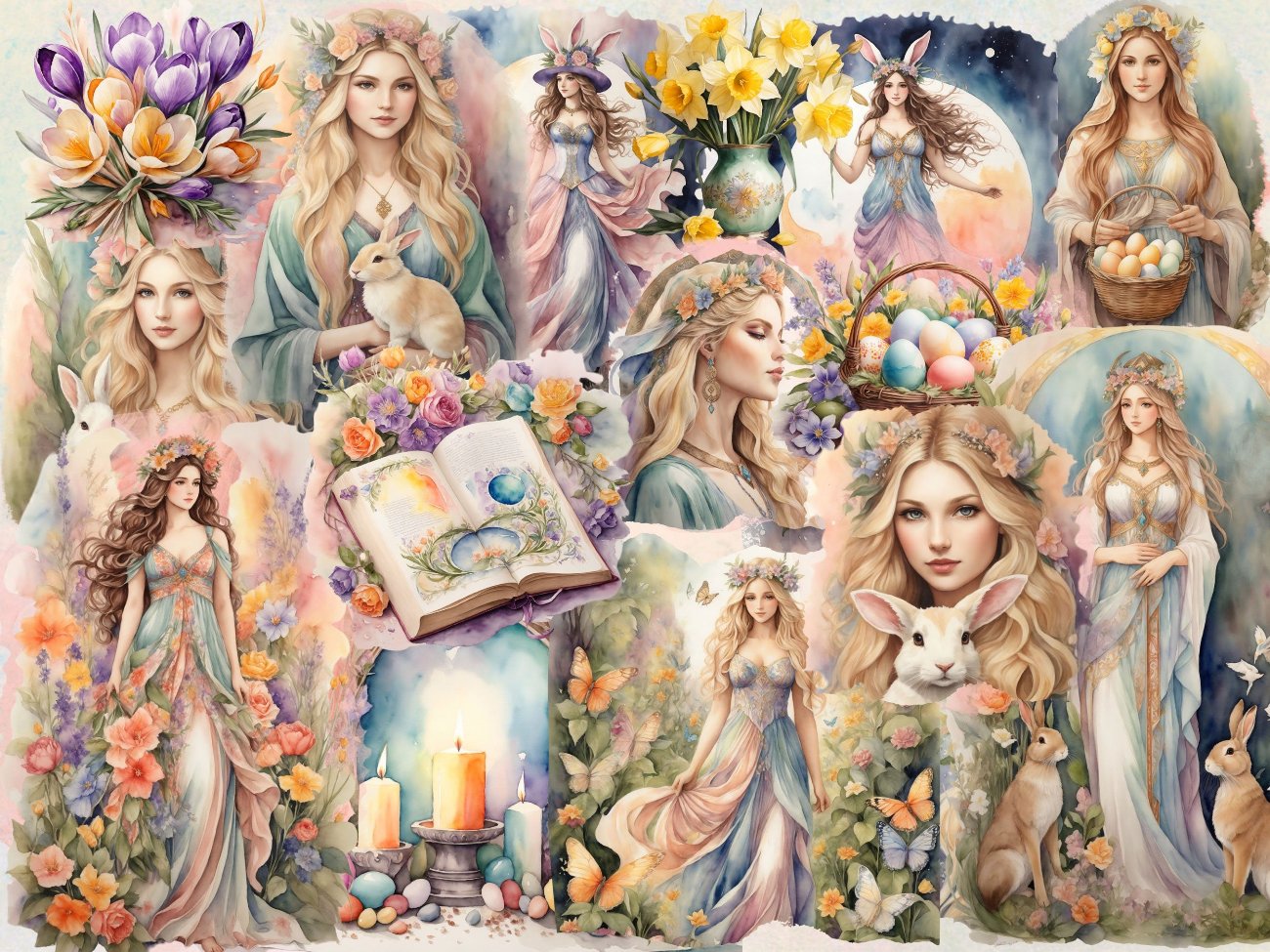 OSTARA GODDESS CLIPART, Fantasy Easter Spring Graphics, Equinox Sabbat Grimoire, Watercolor Art, Commercial Use, Goddess Gift, 27 pngs - Morgana Magick Spell