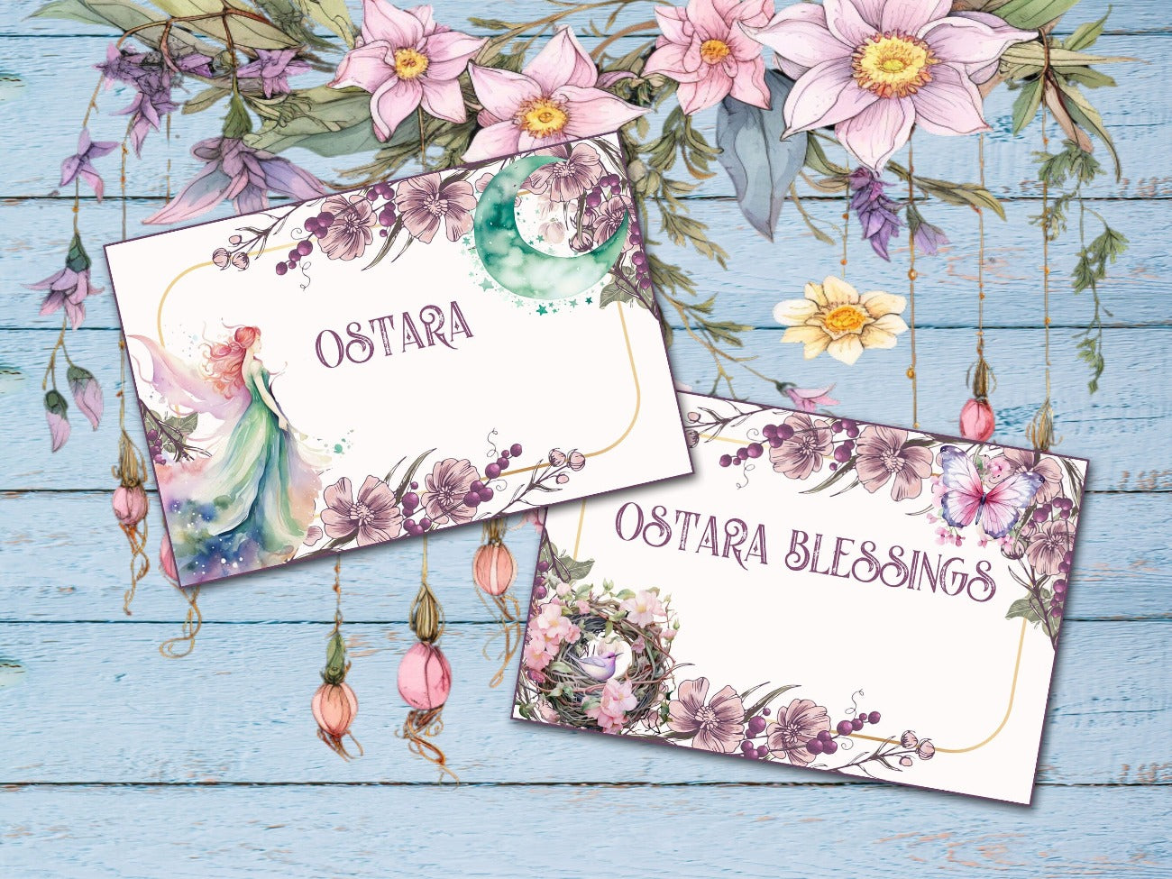 OSTARA LABELS, Closeup view of Ostara and Ostara Blessings labelswith fanciful text, featuring mauve floral borders, a fairy goddess, crescent moon and birds nest - Morgana Magick Spell