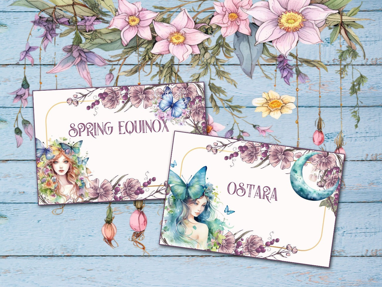 OSTARA LABELS, Closeup view of Spring Equinox and Ostara labels with fanciful text, featuring two pastel butterfly goddesses, and a crescent moon - Morgana Magick Spell