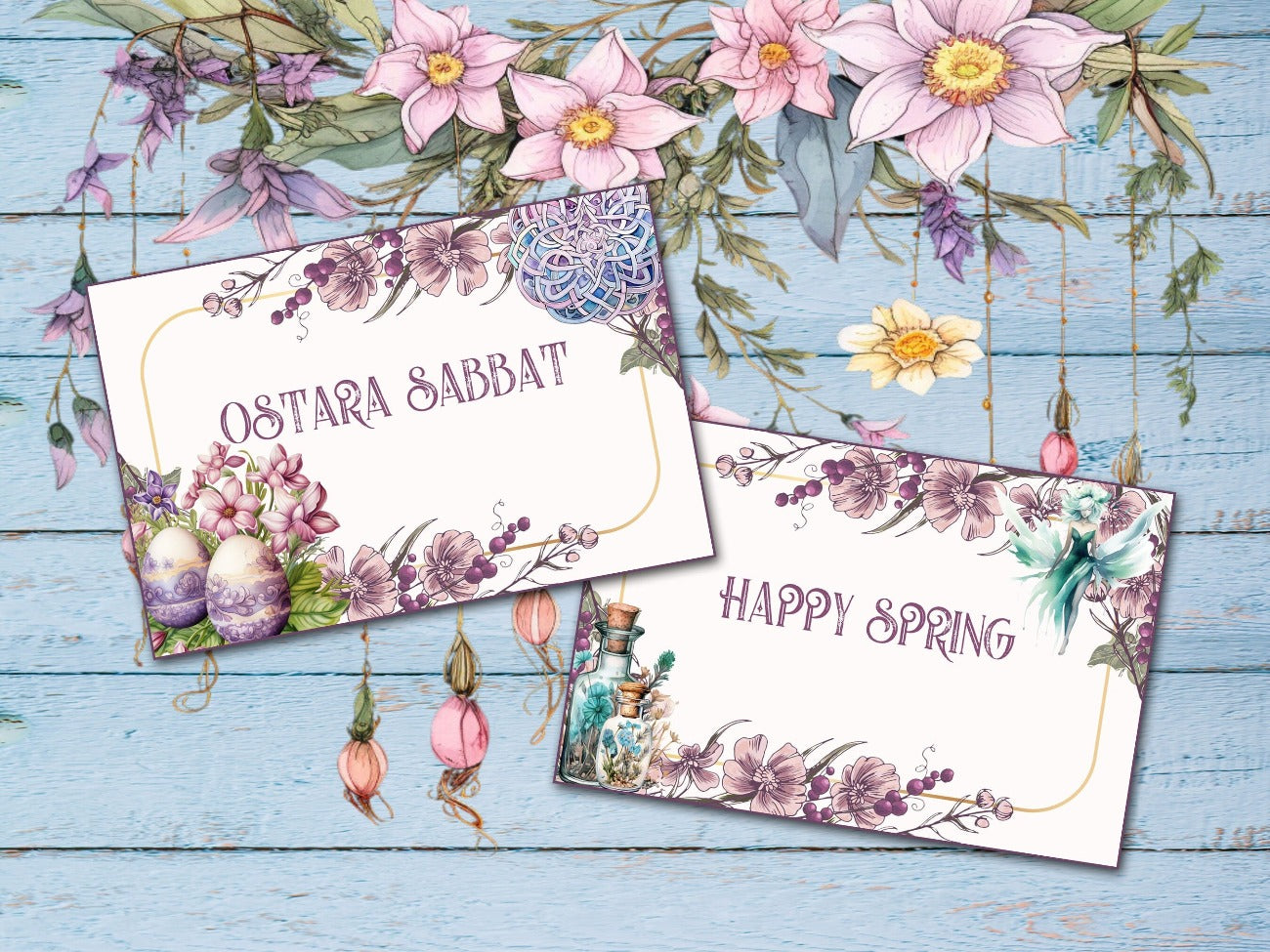 OSTARA LABELS, Closeup view of Ostara Sabbat and Happy Spring labels with fanciful text, featuring mauve floral borders, colored eggs, a pastel celtic knot circle, two potion bottles, and a pretty fairy - Morgana Magick Spell