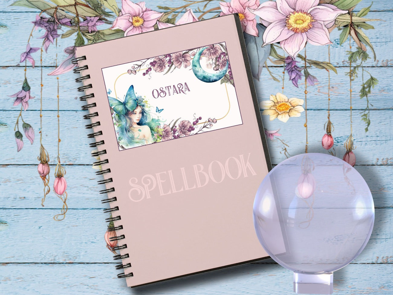 Large Ostara Label is glued to a pretty pink journal spellbook - Morgana Magick Spell