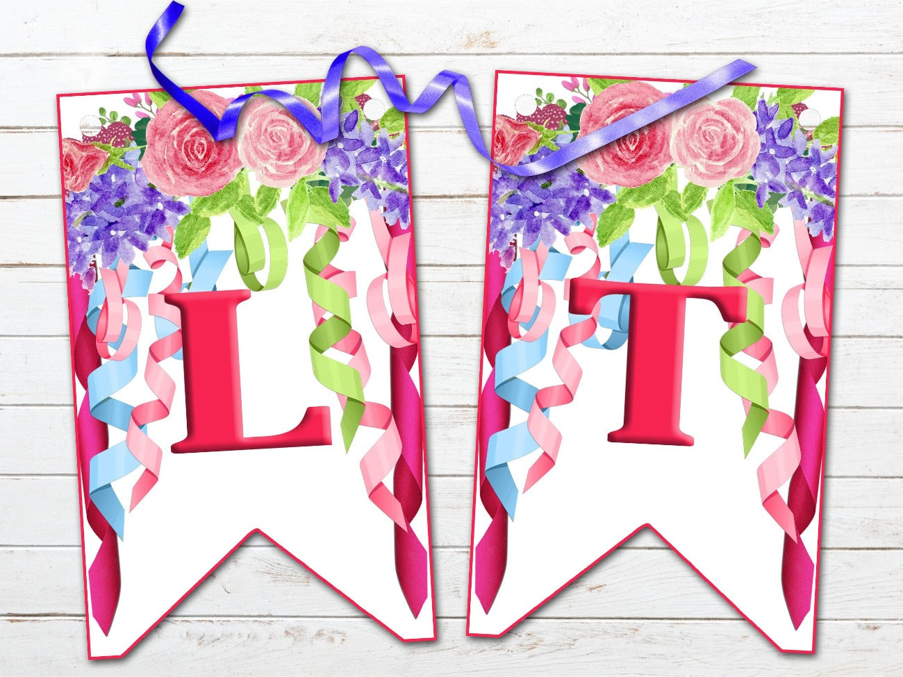 BELTANE BANNER, Pagan Altar Garland Decoration, L & T, each flag has pastel ribbons and flowers in colors of pink, mauve, green and blueoon a white background - Morgana Magick Spell