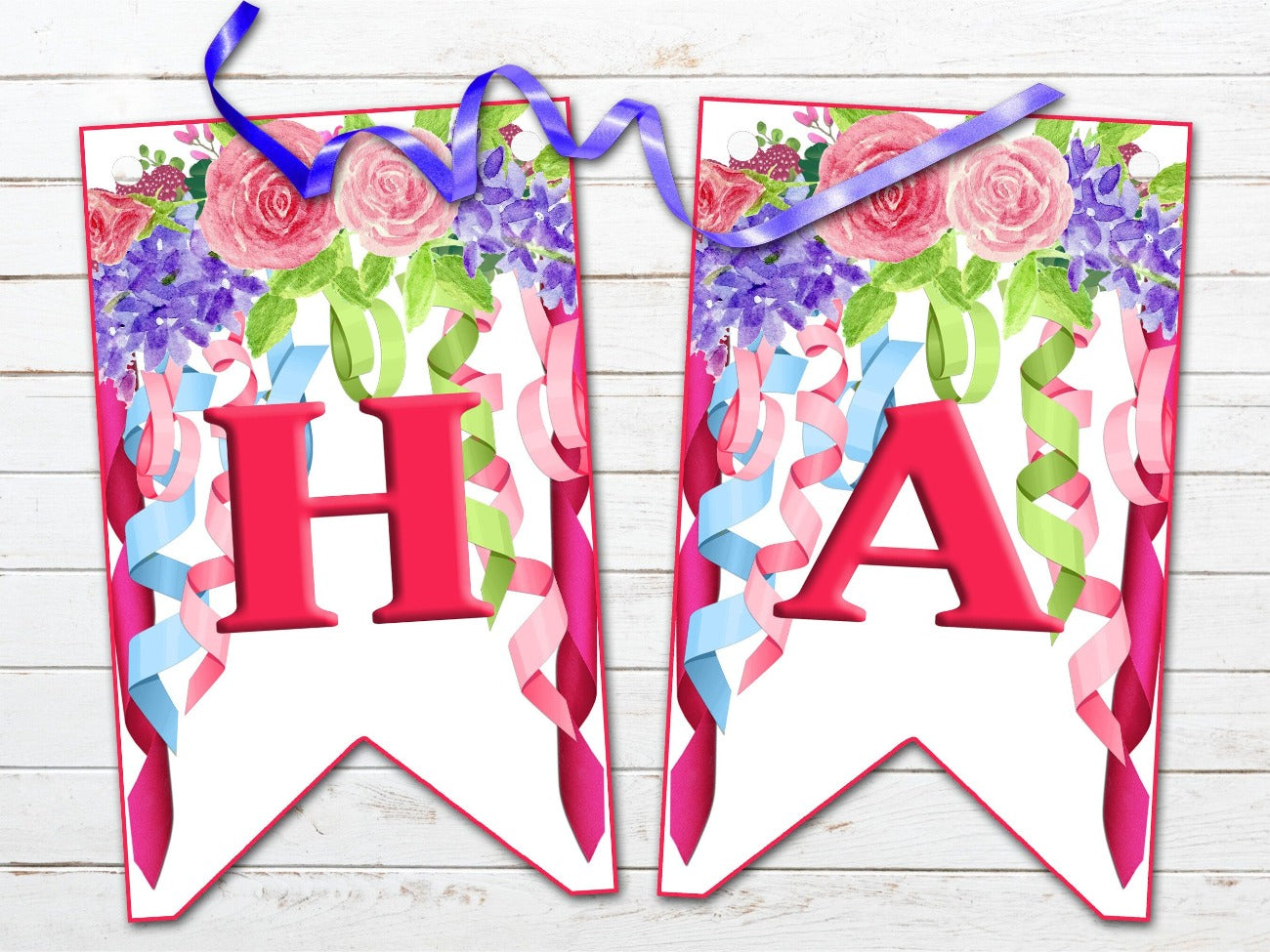 BELTANE BANNER, Pagan Altar Garland Decoration, H & A, each flag has pastel ribbons and flowers in colors of pink, mauve, green and blueoon a white background - Morgana Magick Spell