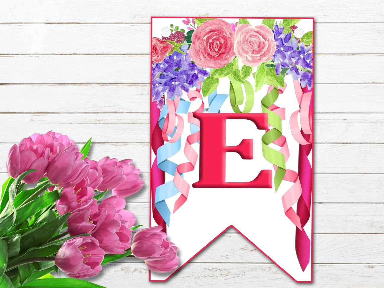 BELTANE BANNER, Pagan Altar Garland Decoration, E each flag has pastel ribbons and flowers in colors of pink, mauve, green and blueoon a white background - Morgana Magick Spell