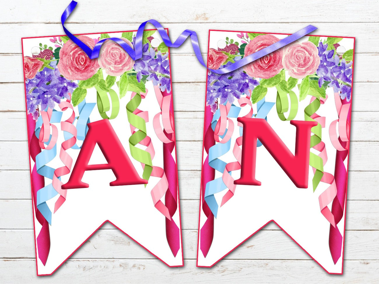 BELTANE BANNER, Pagan Altar Garland Decoration, A & N, each flag has pastel ribbons and flowers in colors of pink, mauve, green and blueoon a white background - Morgana Magick Spell