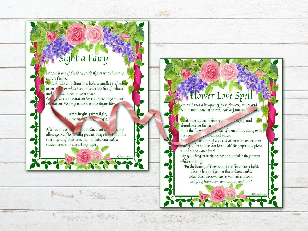 BELTANE SPELL CARDS, Have a white background, green ivy border and pretty pastel florals at the top and bottom. Sight a Fairy and Flower Love Spell cards are featured - Morgana Magick Spell