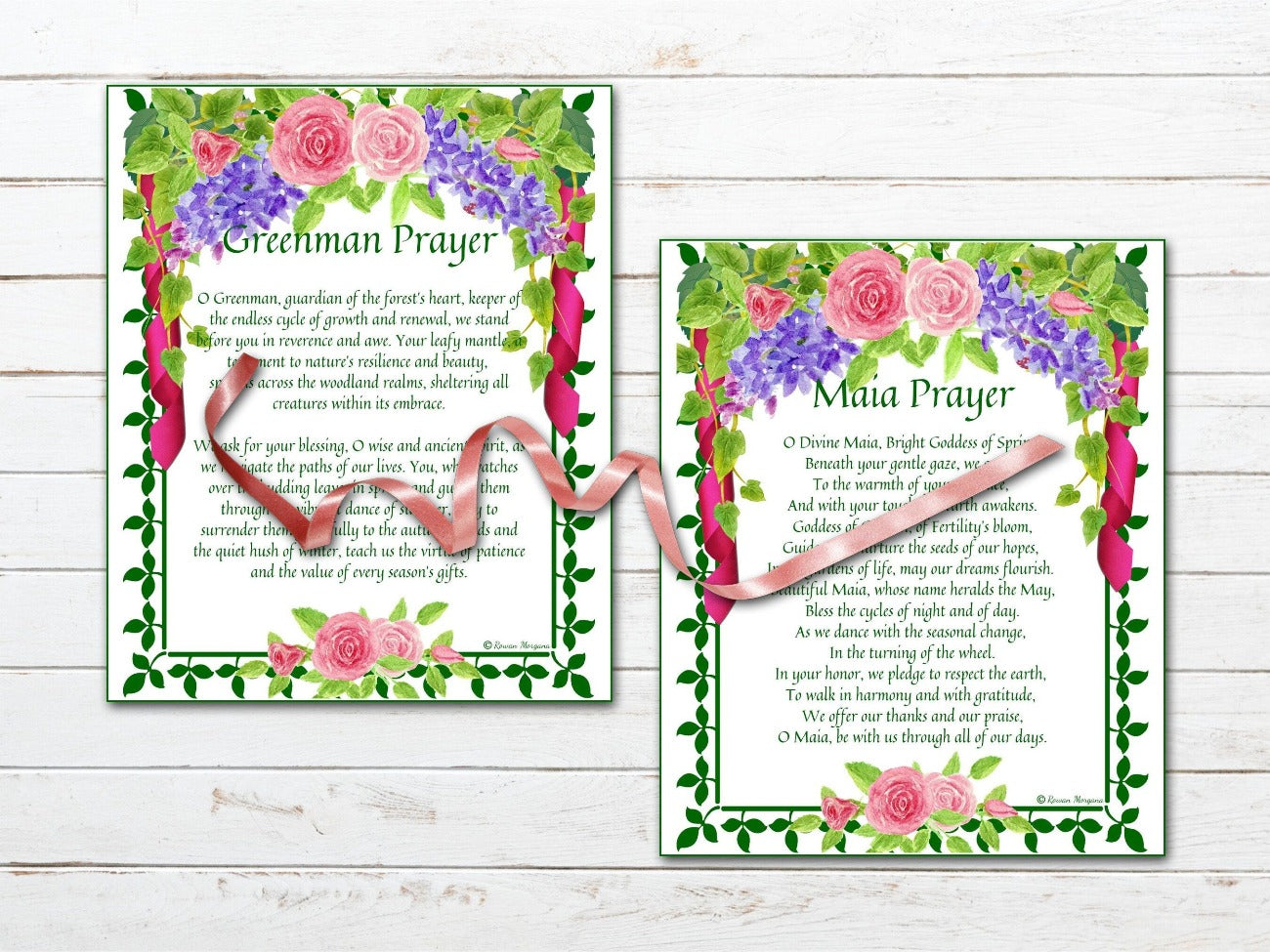 BELTANE SPELL CARDS, Have a white background, green ivy border and pretty pastel florals at the top and bottom. Greenman Prayer and Maia Prayer cards are featured - Morgana Magick Spell
