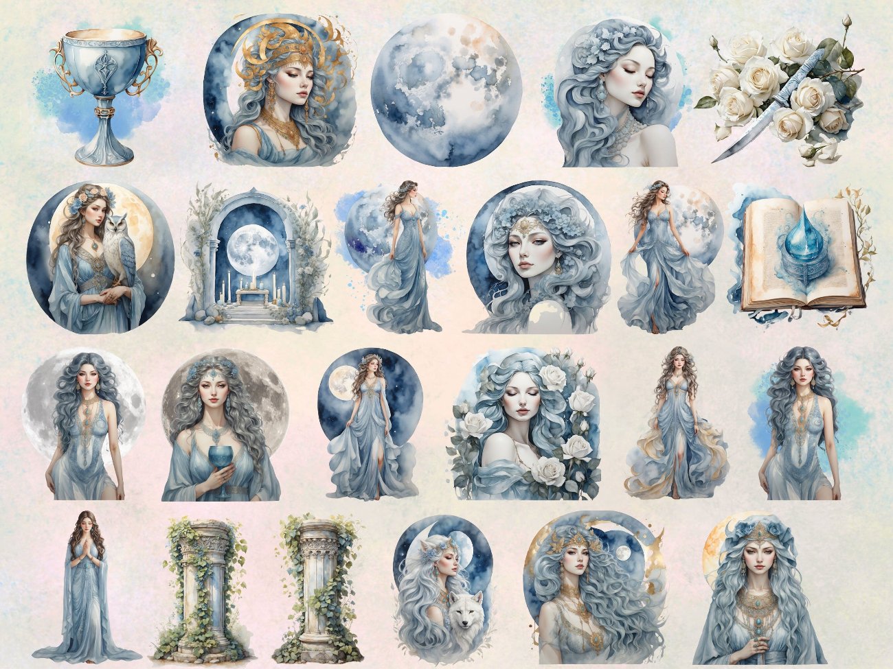 MOON GODDESS CLIPART, Commercial Use, Fantasy Wicca Graphics, Digital Moon Art, 23 png transparent files, Watercolor Divine Feminine Bundle - Morgana Magick Spell