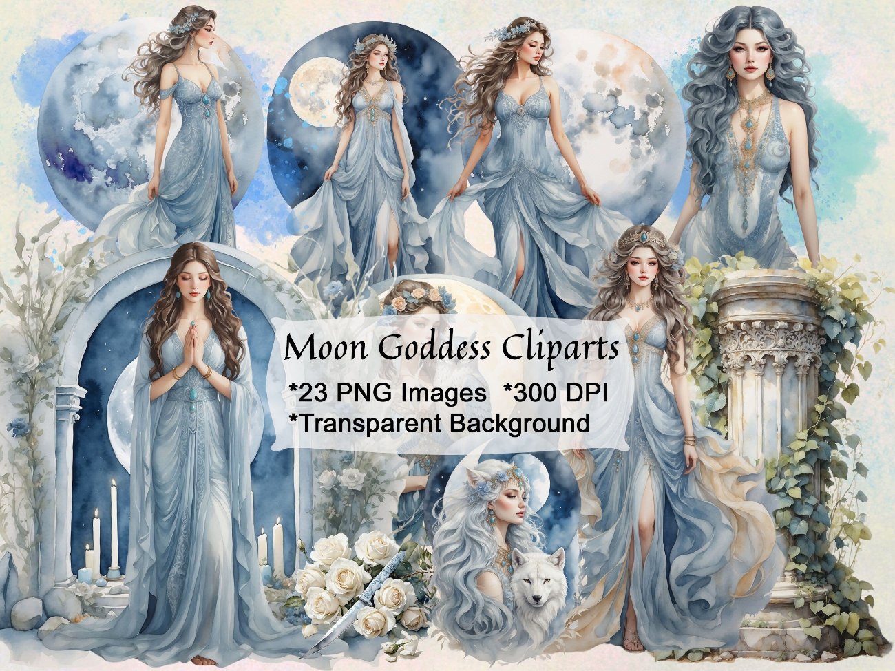 MOON GODDESS CLIPART, Commercial Use, Fantasy Wicca Graphics, Digital Moon Art, 23 png transparent files, Watercolor Divine Feminine Bundle - Morgana Magick Spell