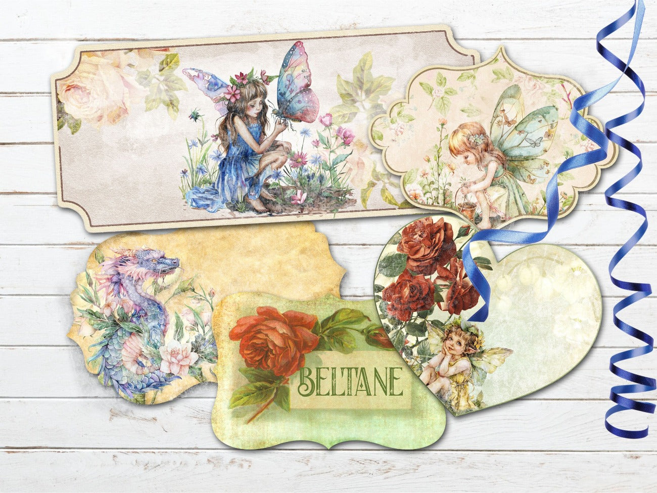 BELTANE LABELS, 5 Printable Tags in soft pastel colors, botanical floral and delicate fairy images. Tags are different shapes and sizes - Morgana Magick Spell