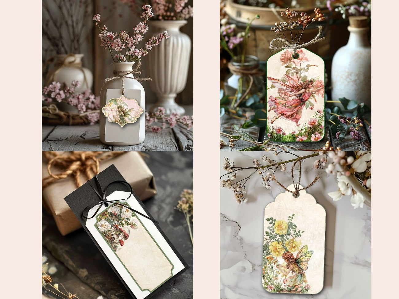 BELTANE LABELS are shown in four images of the labels applied to a gift, a flowering tree branch, a vase, and a shabby chic plant pot - Morgana Magick Spell