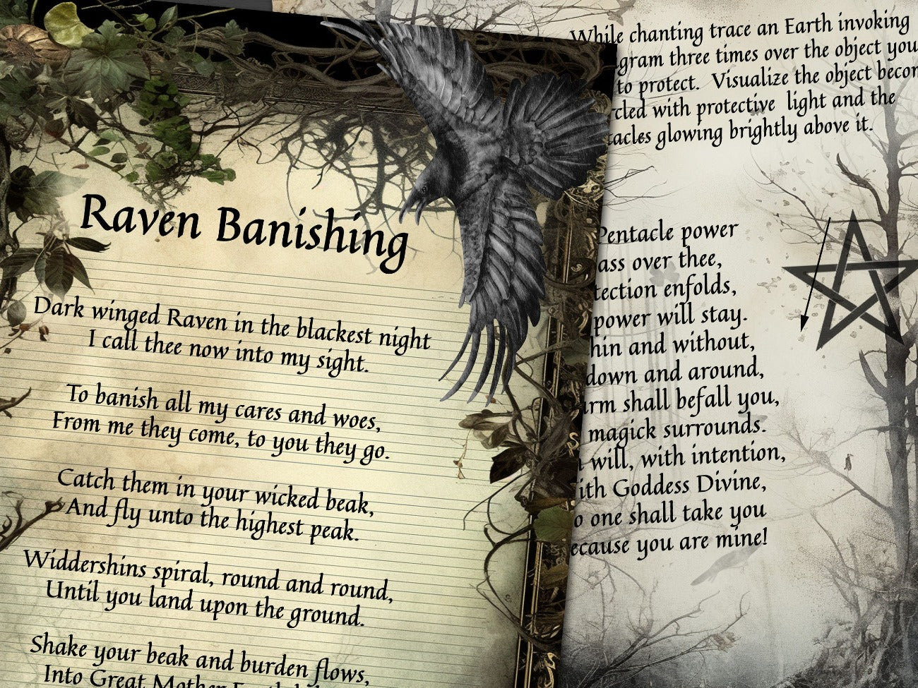 DARK FOREST CHANTS, Closeup view of Raven Banishing and Protection Chants - Morgana Magick Spell