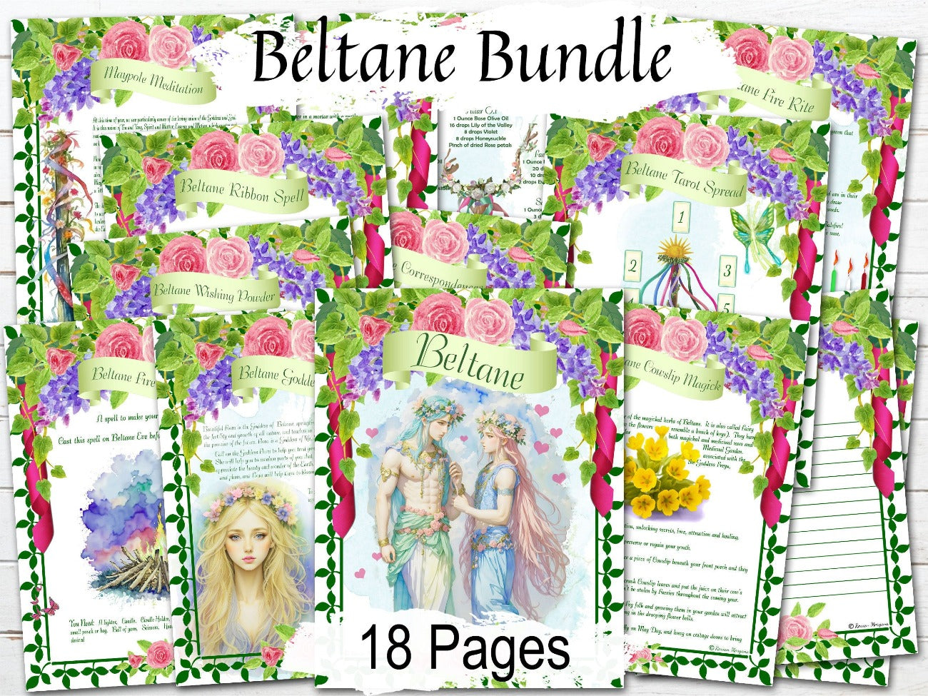 BELTANE WICCA SABBAT, White Background, Grimoire Printable Spellbook, Wheel of the Year Traditions, Meditation, Rituals, Spells, Oil & Incense Recipes - Morgana Magick Spell