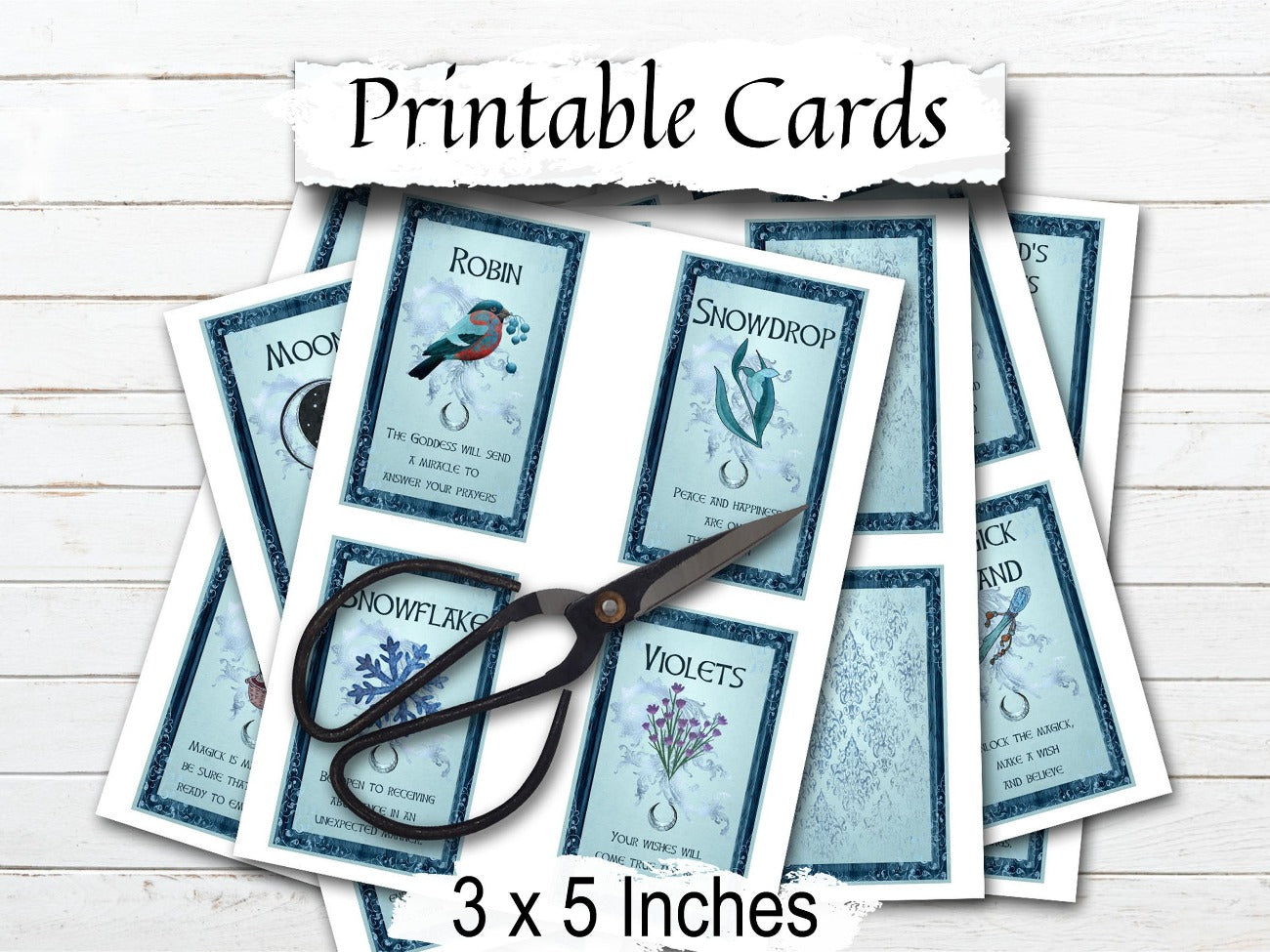 IMBOLC ORACLE CARDS, 5 printed sheets shown with scissors- Morgana Magick Spell