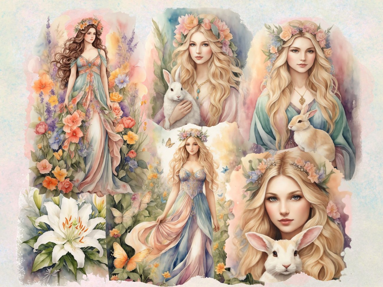 OSTARA GODDESS CLIPART, Fantasy Easter Spring Graphics, Equinox Sabbat Grimoire, Watercolor Art, Commercial Use, Goddess Gift, 27 pngs - Morgana Magick Spell