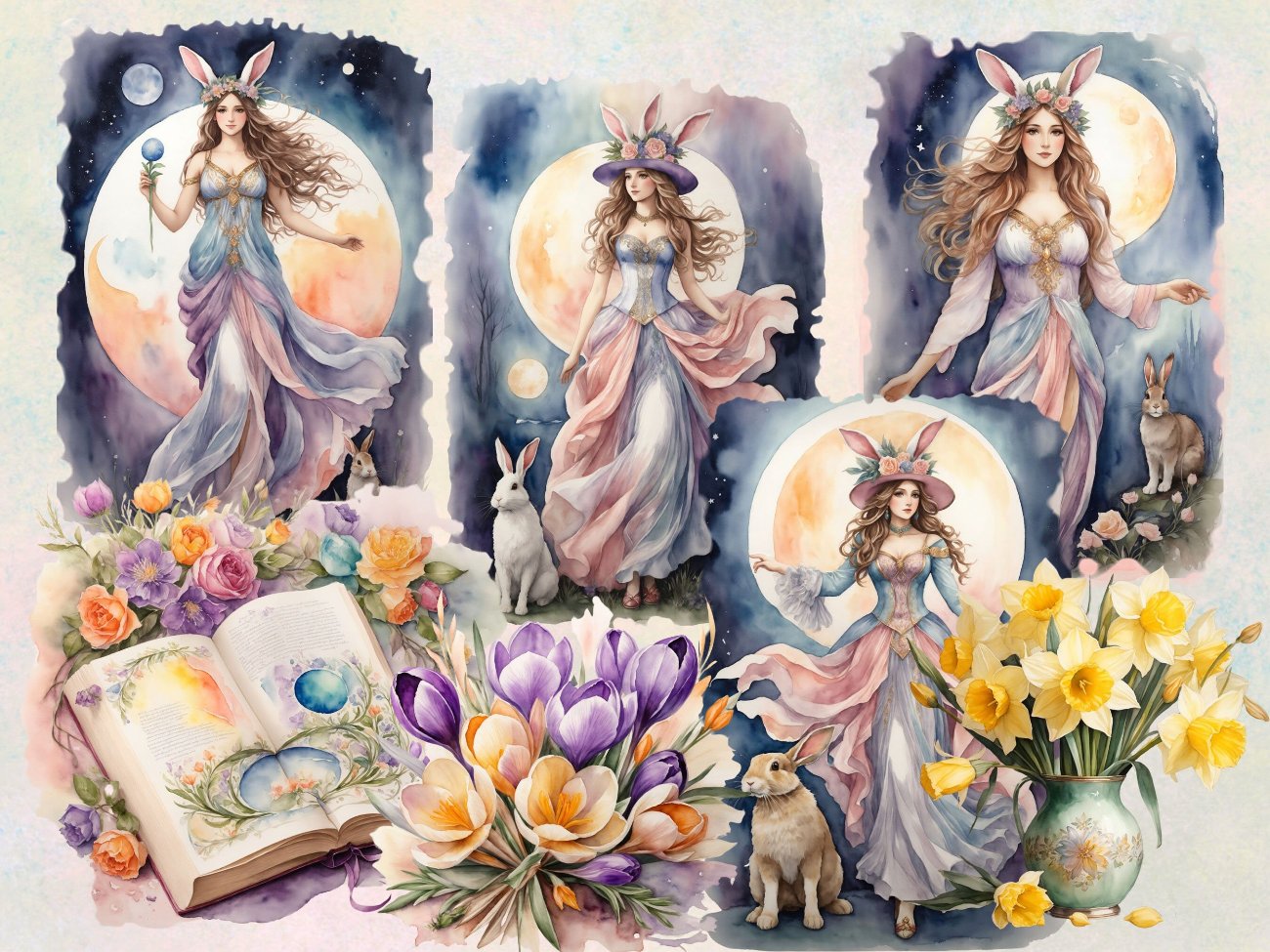 OSTARA GODDESS CLIPART, Fantasy Easter Spring Graphics, Equinox Sabbat Grimoire, Watercolor Art, Commercial Use, Goddess Gift, 27 pngs - Morgana Magick Spell