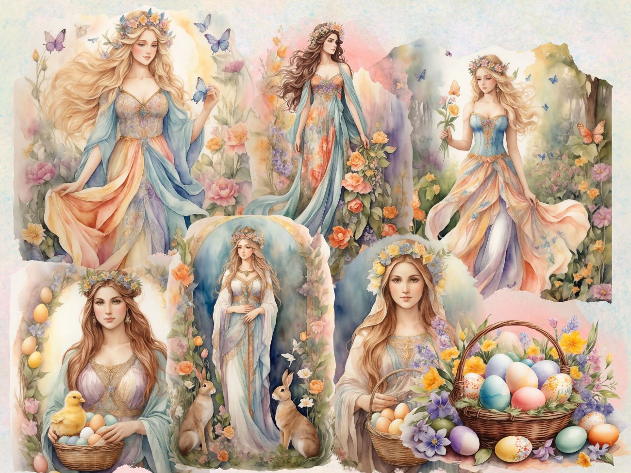 OSTARA GODDESS CLIPART, Fantasy Easter Spring Graphics, Equinox Sabbat Grimoire, Watercolor Art, Commercial Use, Goddess Gift, 27 pngs - Morgana Magick Spell