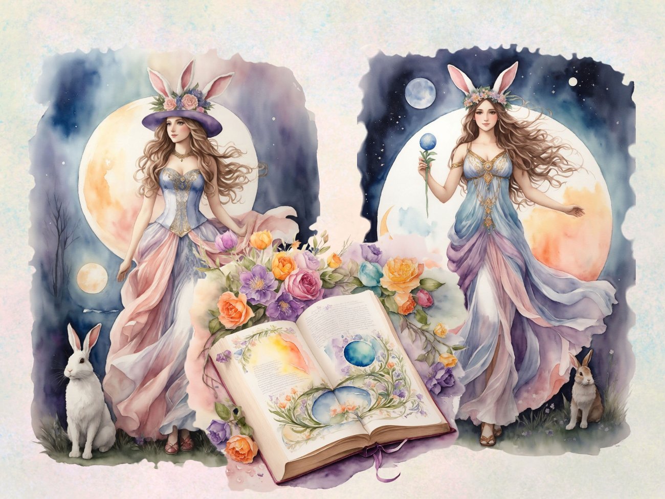 OSTARA GODDESS CLIPART, Fantasy Easter Spring Graphics, Equinox Sabbat Grimoire, Watercolor Art, Commercial Use, Goddess Gift, 27 pngs - Morgana Magick Spell