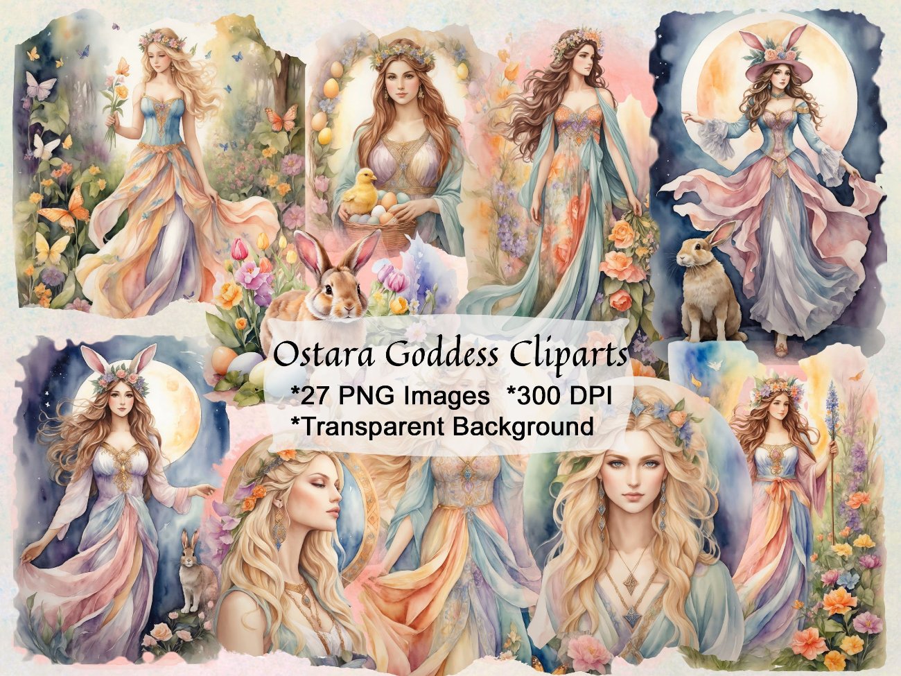 OSTARA GODDESS CLIPART, Fantasy Easter Spring Graphics, Equinox Sabbat Grimoire, Watercolor Art, Commercial Use, Goddess Gift, 27 pngs - Morgana Magick Spell