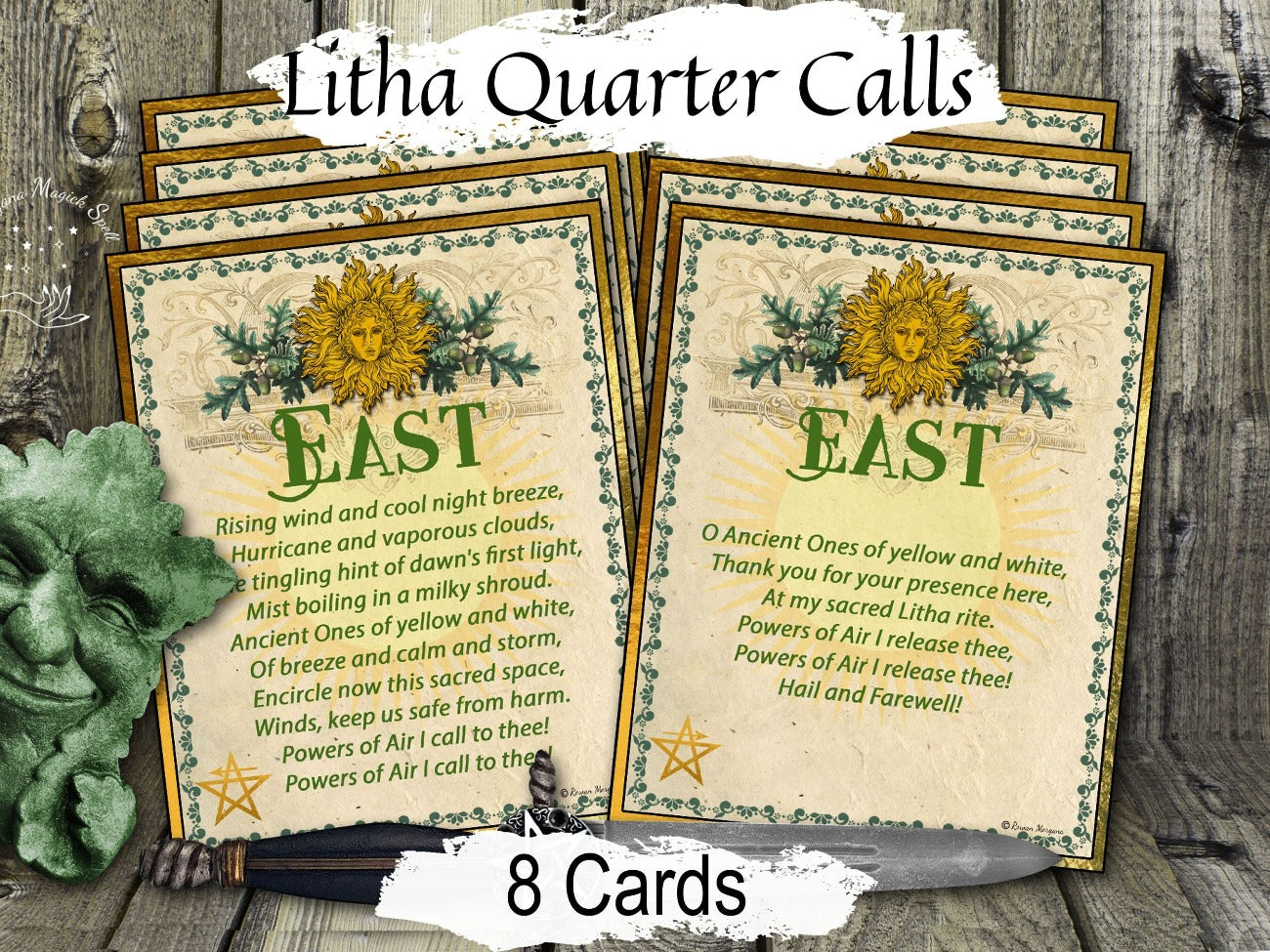 LITHA CALL the QUARTERS, 8 Printable Cards, Elemental Four Quarters, Make Sacred Space, Wicca Pentagram Directions, Cast a Magic Circle - Morgana Magick Spell