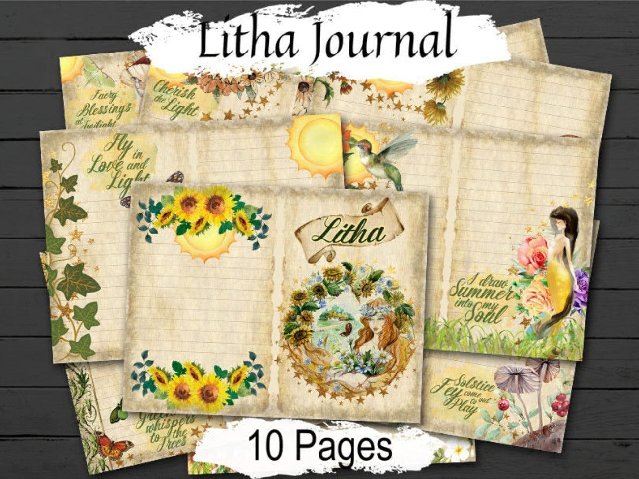 Litha journal pages by Morgana Magick Spell. Ten double pages with images and inspirational words about Summer Solstice. Pages are parchment coloured and lined.