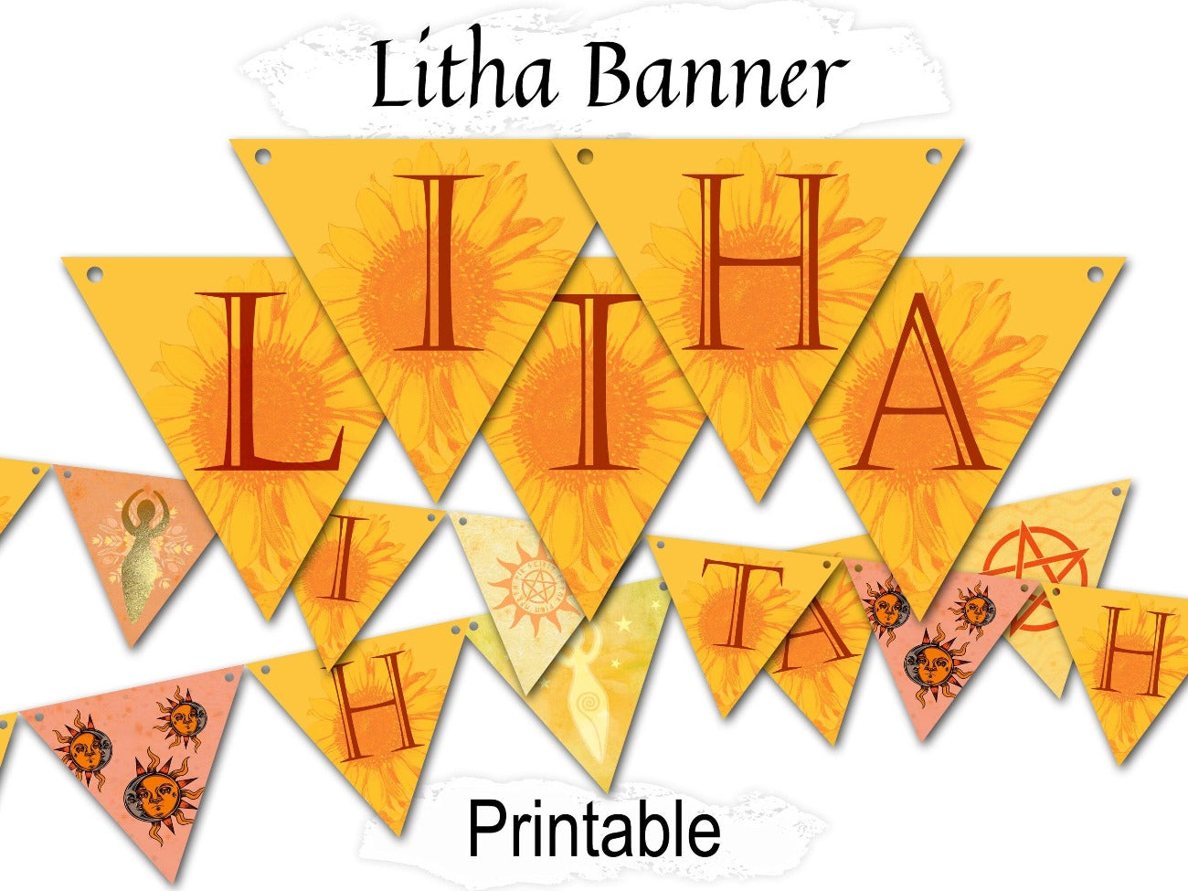 LITHA BANNER, Pagan Altar Garland Decoration, Wicca Sabbat Festival Celebration Bunting, 11 Printable Flags for Summer Solstice - Morgana Magick Spell