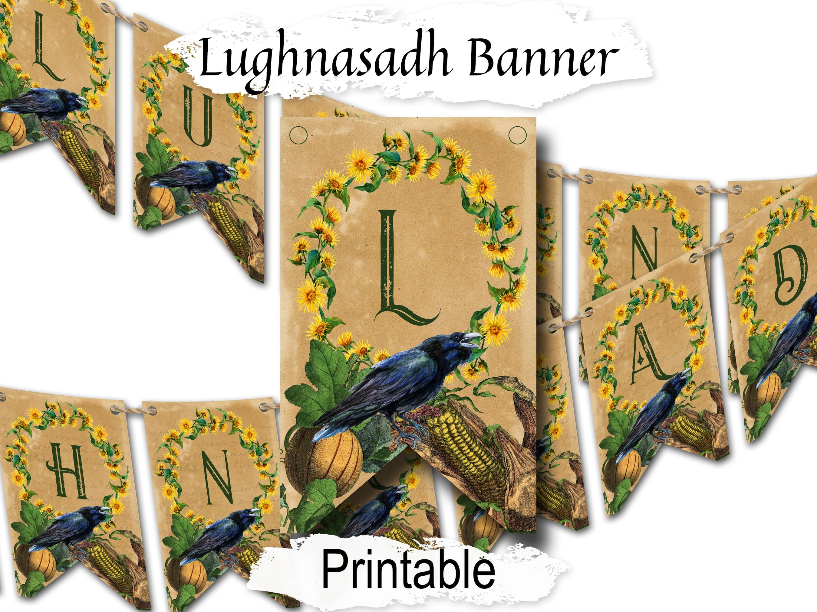 LUGHNASADH BANNER, Pagan Altar Garland Decoration, Wicca Sabbat Festival Celebration Bunting, 12 Printable Bunting Flags for Lammas - Morgana Magick Spell