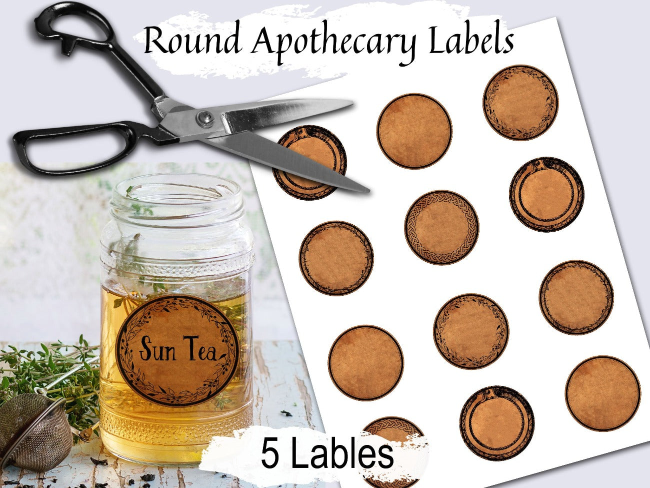 ROUND APOTHECARY LABELS, 5 Labels 2 sizes, Printable Potion Labels for Spells and Herbs, Aromatherapy Bottle Tags