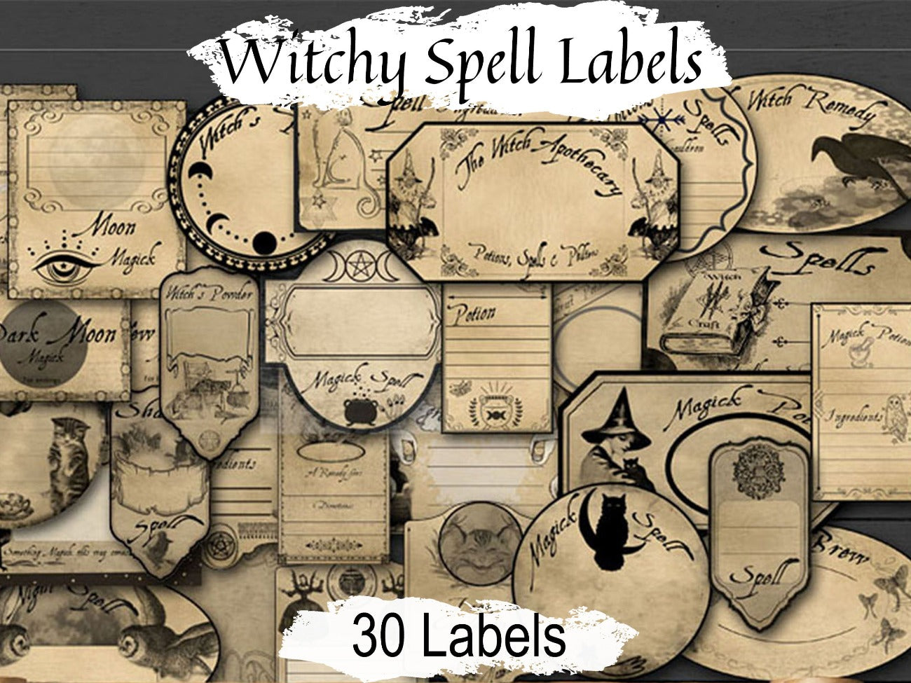 30 Witchy SPELL LABELS, Personalize your Wicca spells and potions, Spell Ingredient Witchcraft Tags, Witch Apothecary Labels, Occult Labels - Morgana Magick Spell