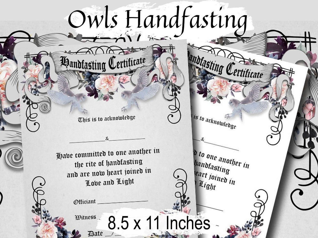 OWLS HANDFASTING CERTIFICATE, Printable Instant Download, 8.5&quot; x 11&quot; Comes with a grey textured background and a white background -Morgana Magick Spell