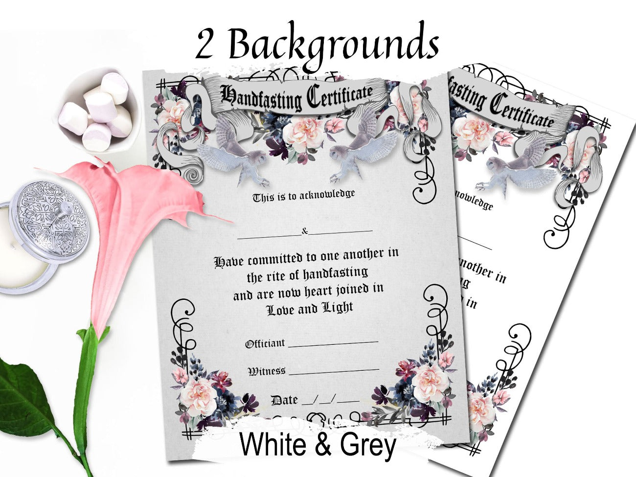 OWLS HANDFASTING CERTIFICATE, Printable Instant Download, 8.5&quot; x 11&quot; Comes with a grey textured background and a white background -Morgana Magick Spell
